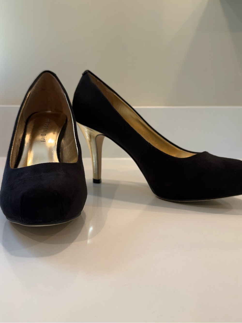 Madden Girl Black Suede Pumps in Black with Gold Stiletto Heel